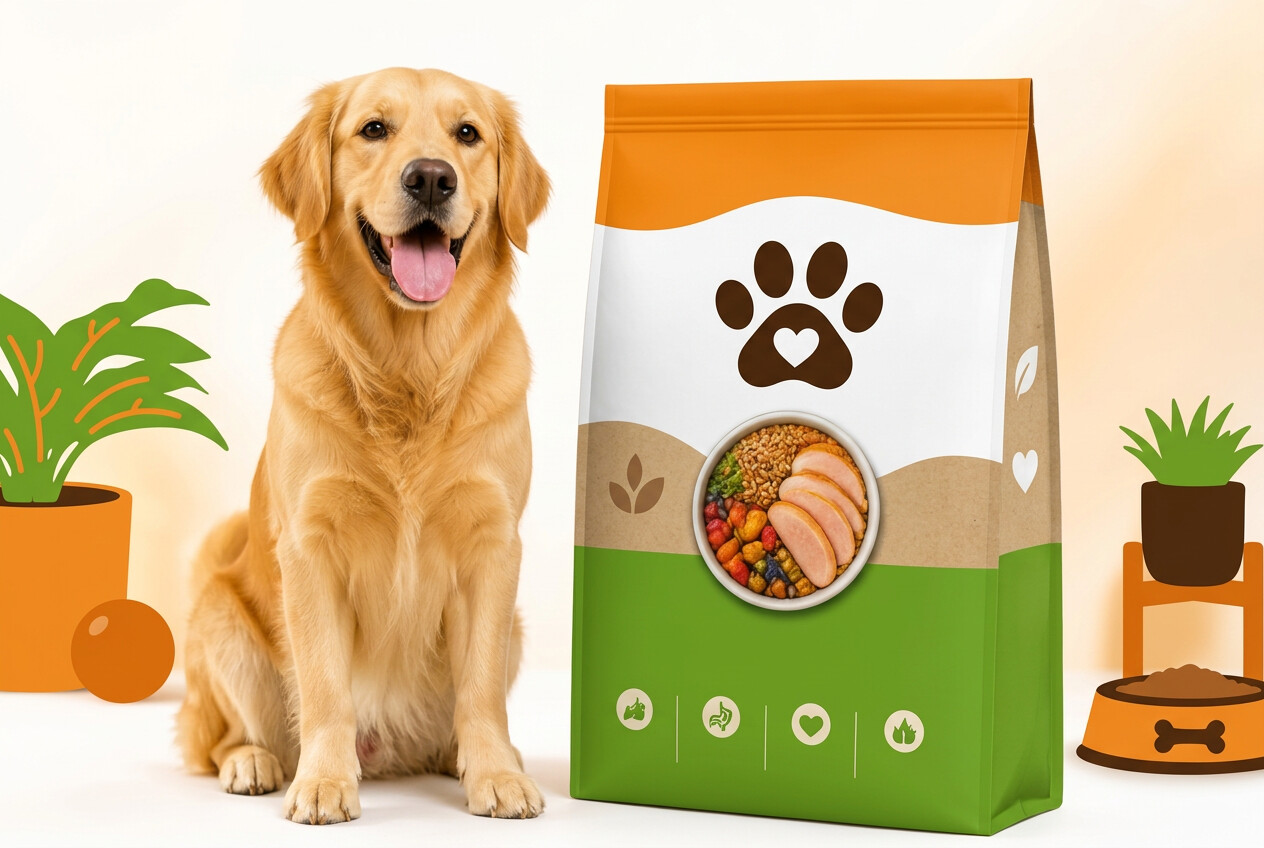 Perro feliz junto a una bolsa de alimento premium